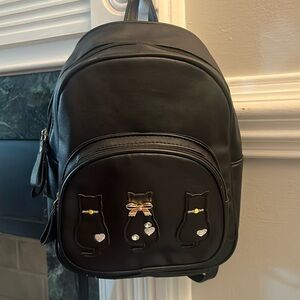Faux Leather Kitty Backpack Black with 3 Kitties on the front pocket Travel Size